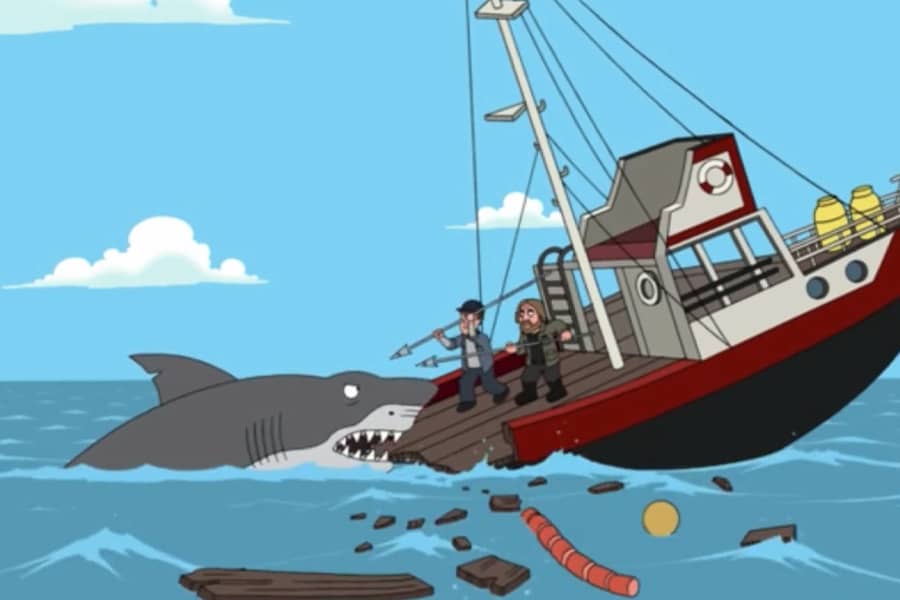 shark eating the back of a boat, two men trying to fight it off