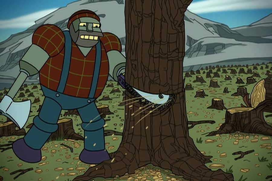 lumberjack robot cutting down trees