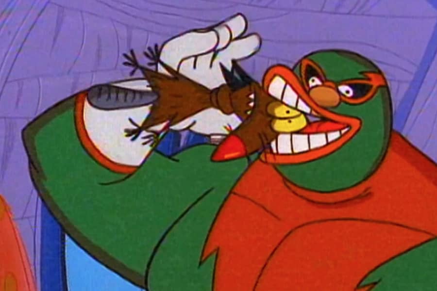 a luchador twisting a beaver in his giant teeth