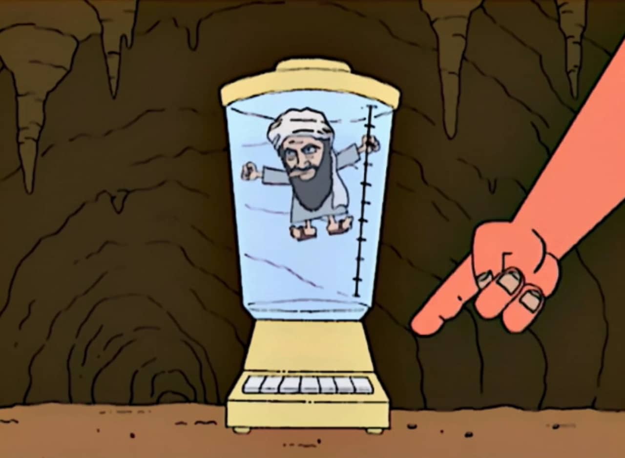 a blender in a cave holding water and a tiny Bin Laden, a hand is reaching to turn it on