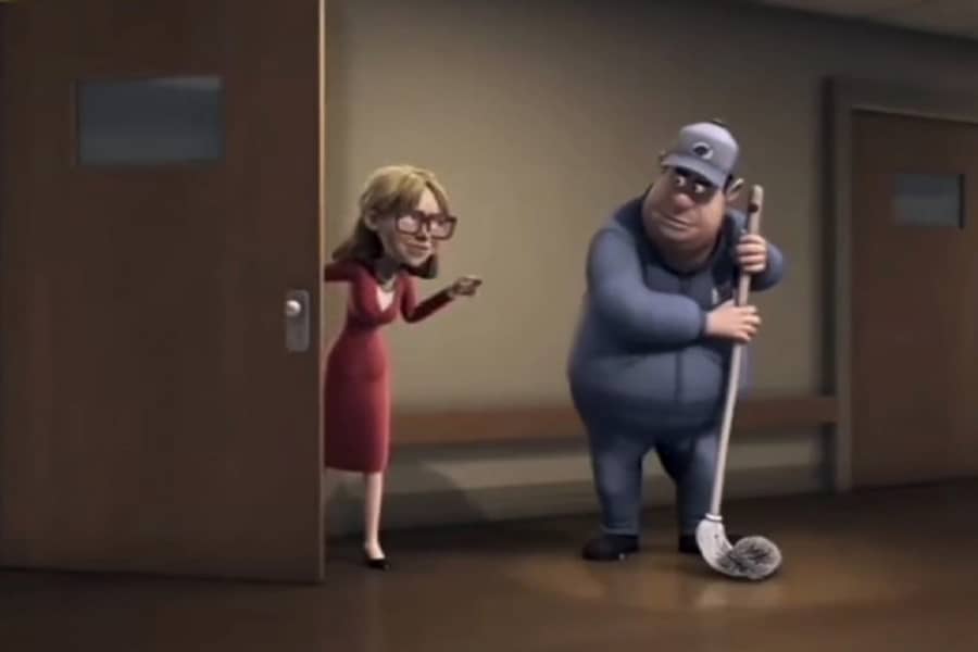 teacher talking with Bionic Janitor as he mops a hallway