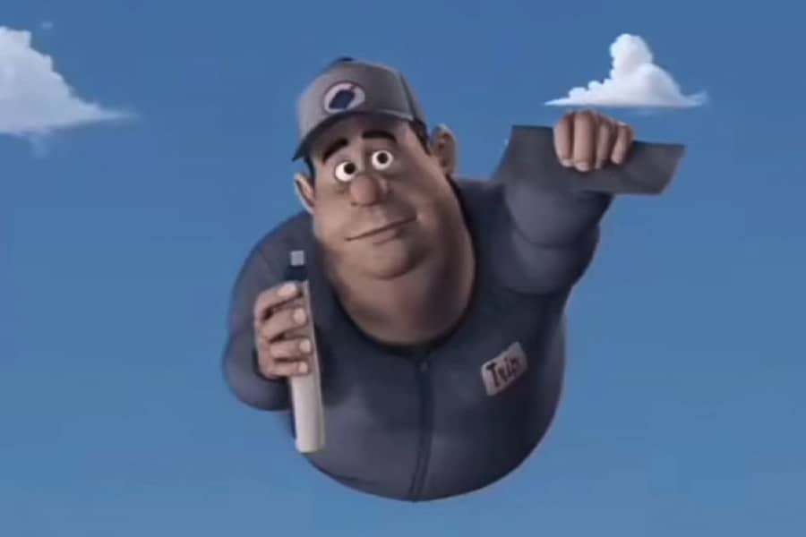 Bionic Janitor flying through the sky with cleaning products