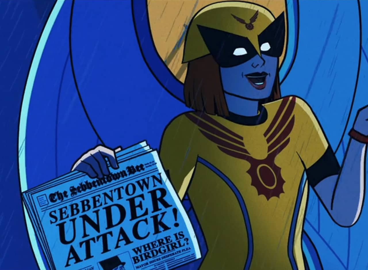 Birdgirl shrugging while holding a newspaper that says “Sebbentown Under Attack!”