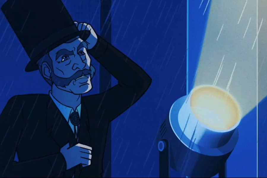 man in top hat near the signal light