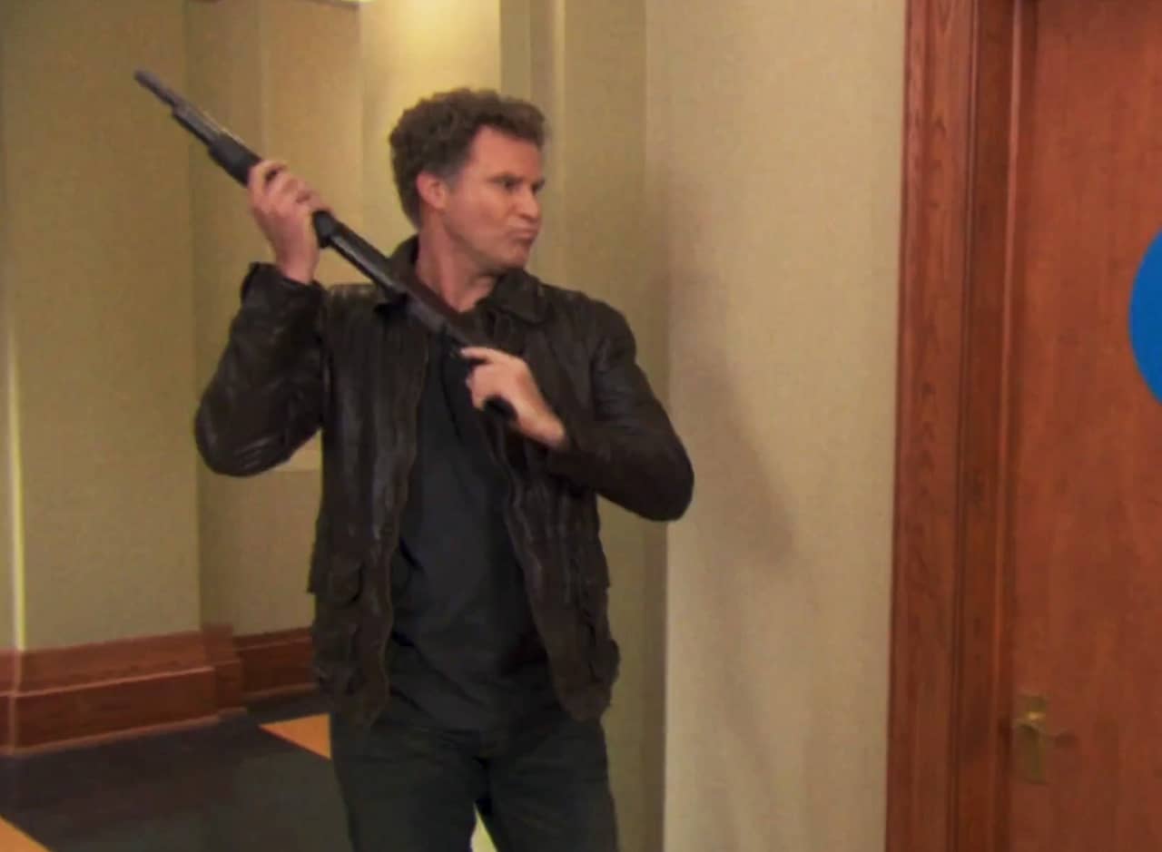 Will Ferrell cocks a gun outside a bathroom door