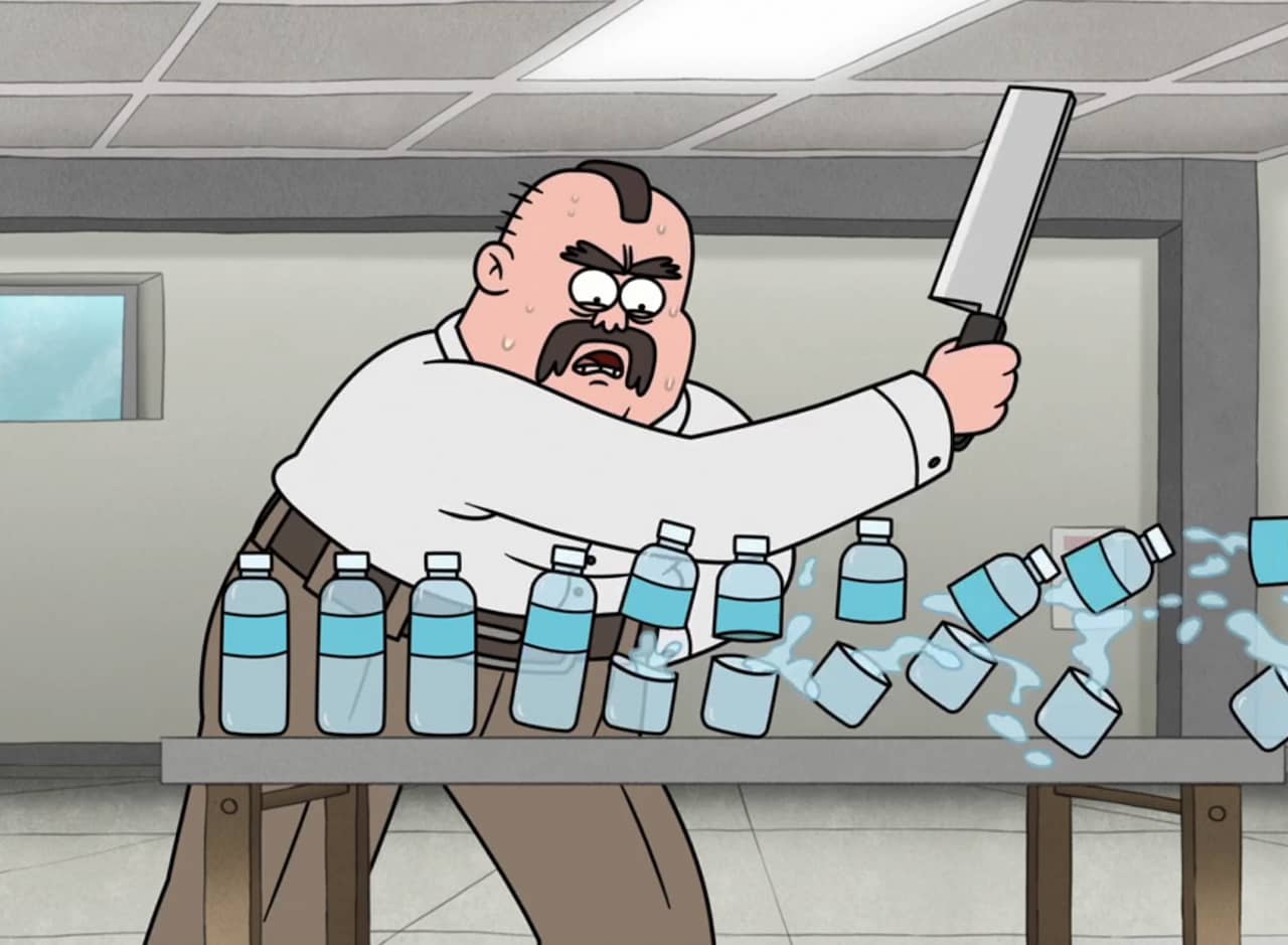 Kal “The Chopman” Smith slicing through a line of plastic water bottles