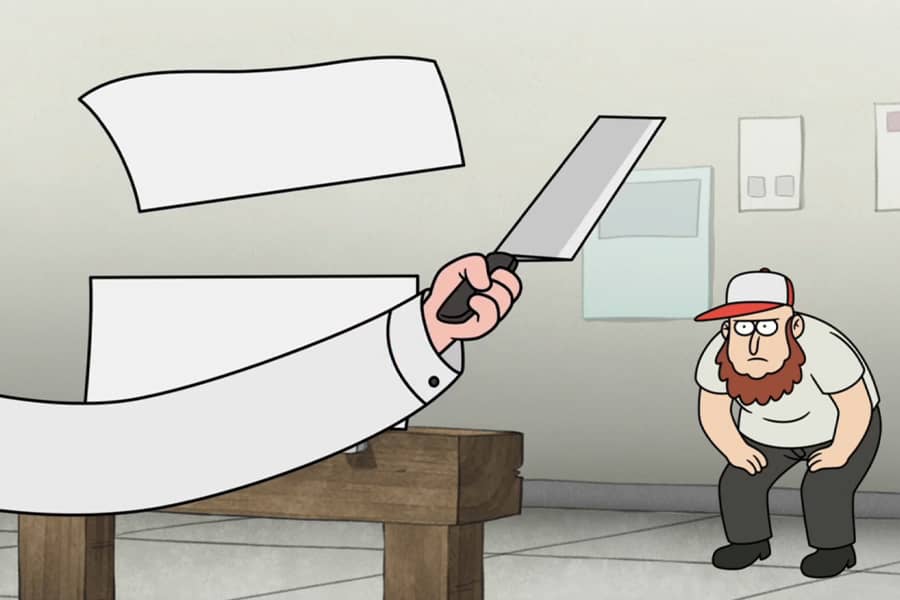 a knife slicing through a sheet of paper as someone watches closely