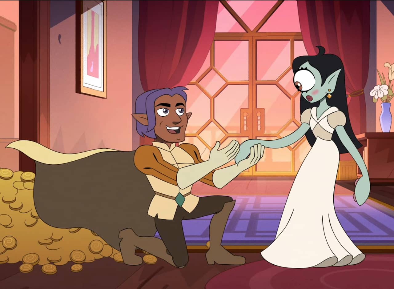 Arabella, a tentacle woman with one big eyeball, being serenaded by a rich witch man with pointed ears and purple hair