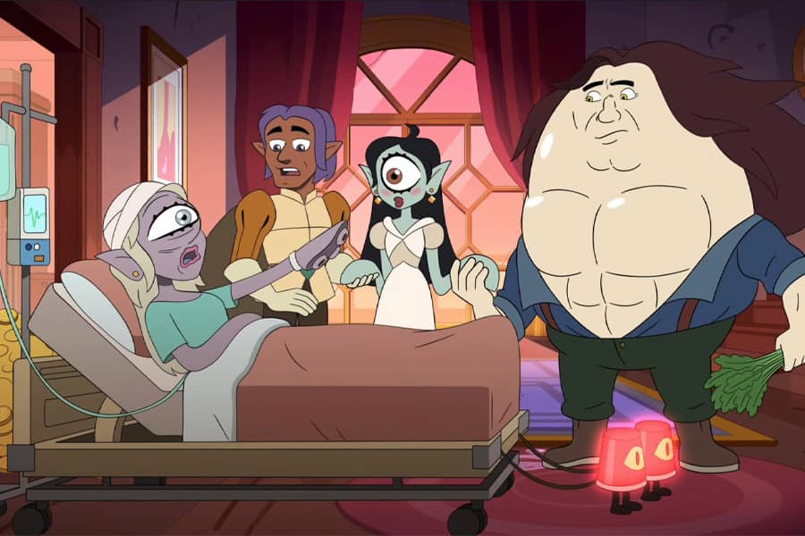Arabella with the rich witch and an egg-shaped stable boy as her mother dies in a hospital bed