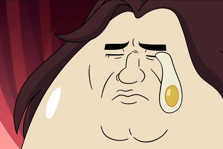stable boy crying a fried egg