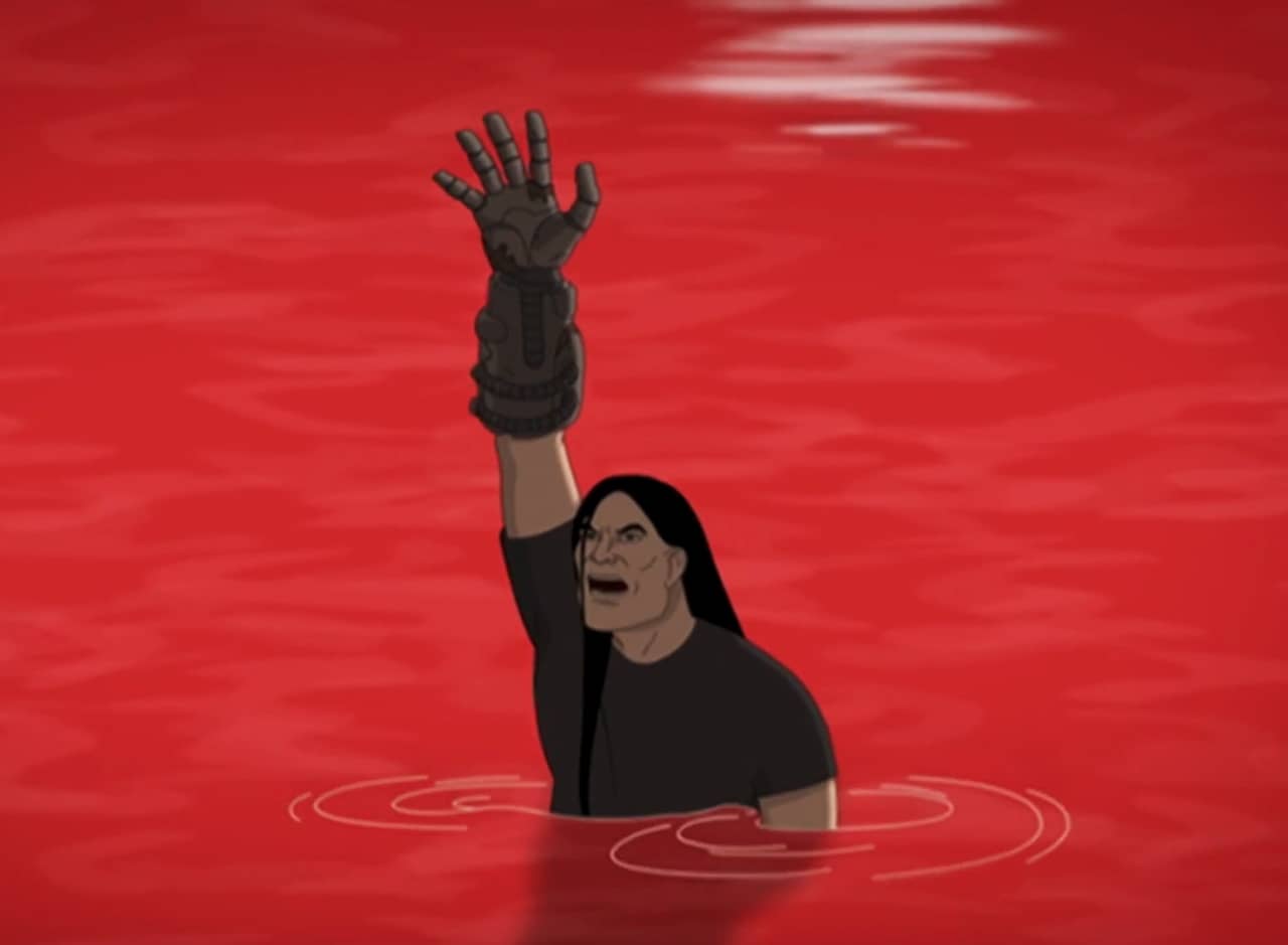 Nathan Explosion sinks into the blood ocean holding up his arm wearing a futuristic gauntlet