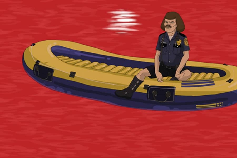 William Murderface sitting on an inflated raft on the blood ocean