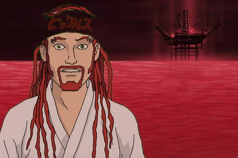 Pickles wearing a karate uniform in front of an oil rig in the blood ocean