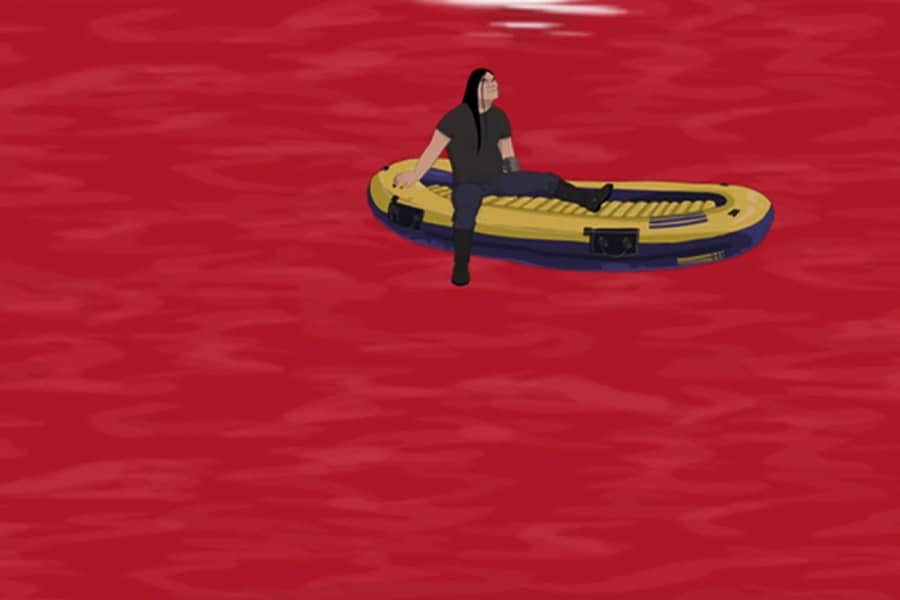 Nathan Explosion sitting on the raft in the blood ocean