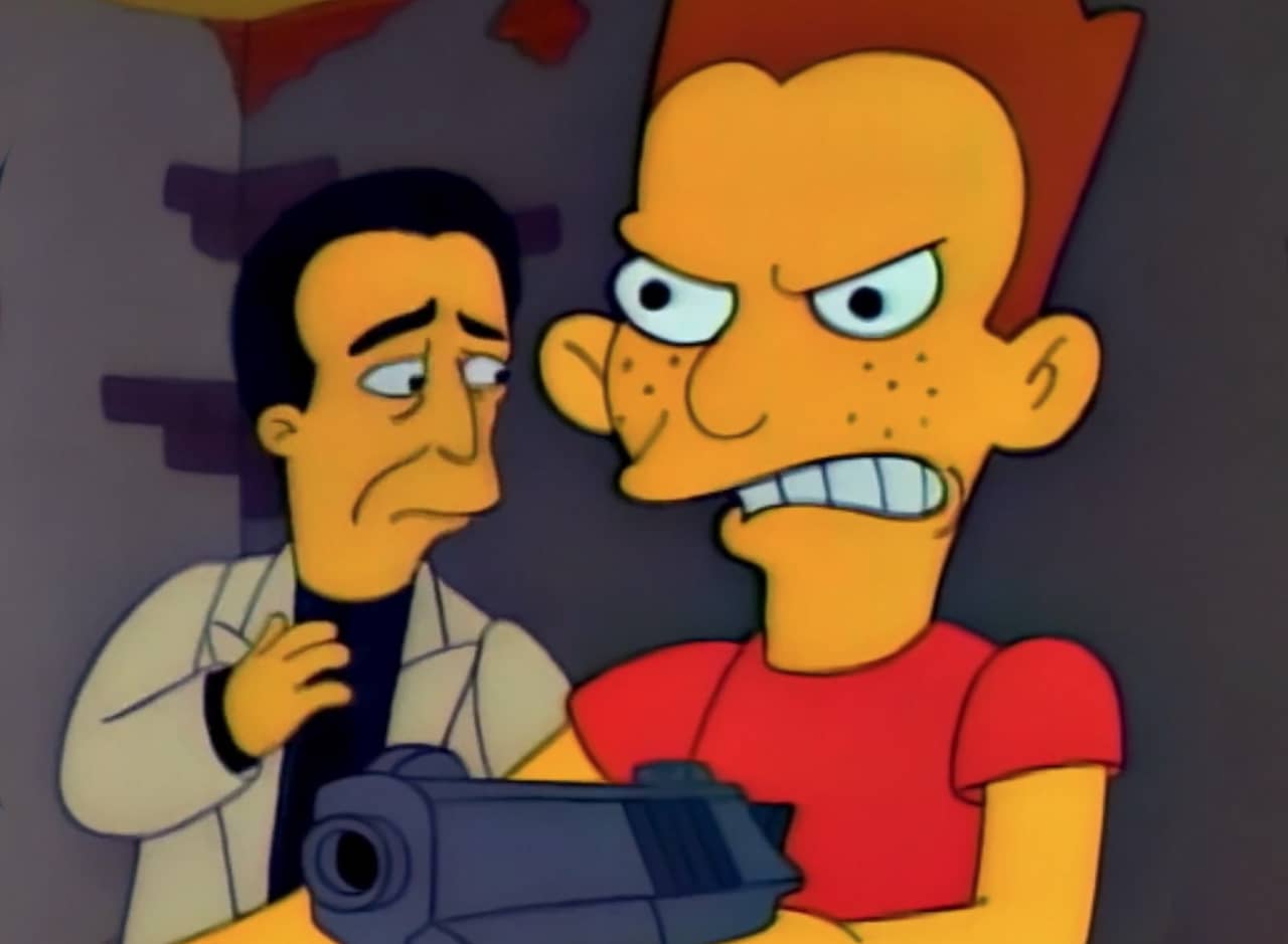 Neil Patrick Harris as Bart Simpson holding a gun