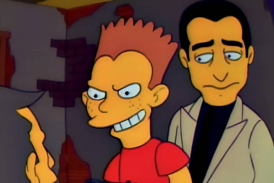 Bart laughing at a hostage, another guy looks worried