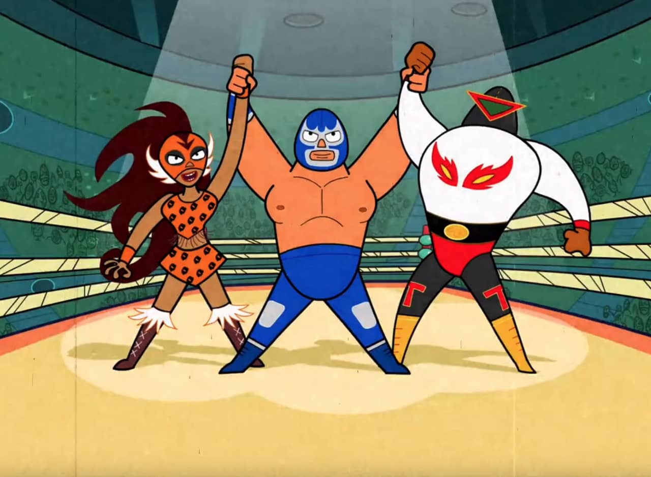 Blue Demon Jr., Cheetah Bonita, and Dr. Terrorifico holding their hands up in the ring