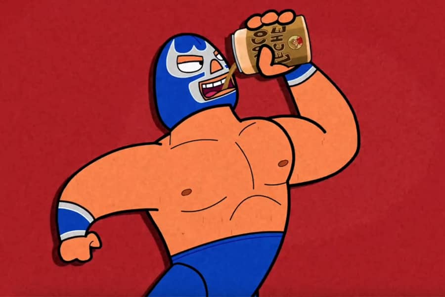 Blue Demon Jr. drinking choco leche from a can