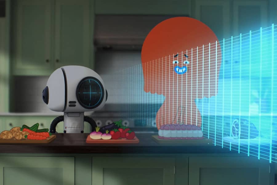 Bobert chopping the food with a laser field from his eye
