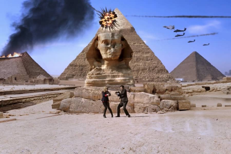Lister and Reichs at the pyramids of Giza that are under attack by jets and missiles