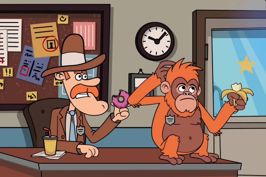 at their desk: Bongo eating a donut and McGillicuddy eating a banana