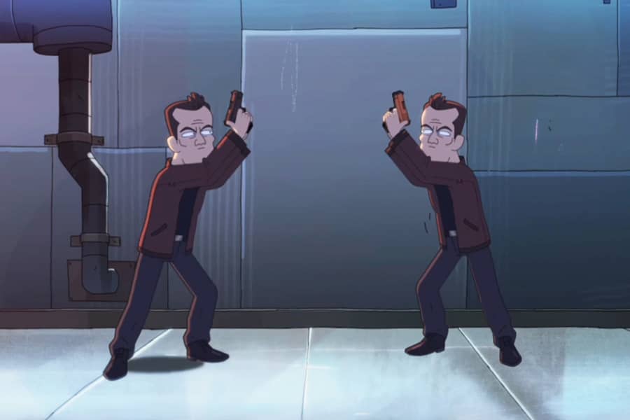 two Jason Bournes starting to point their guns at each other