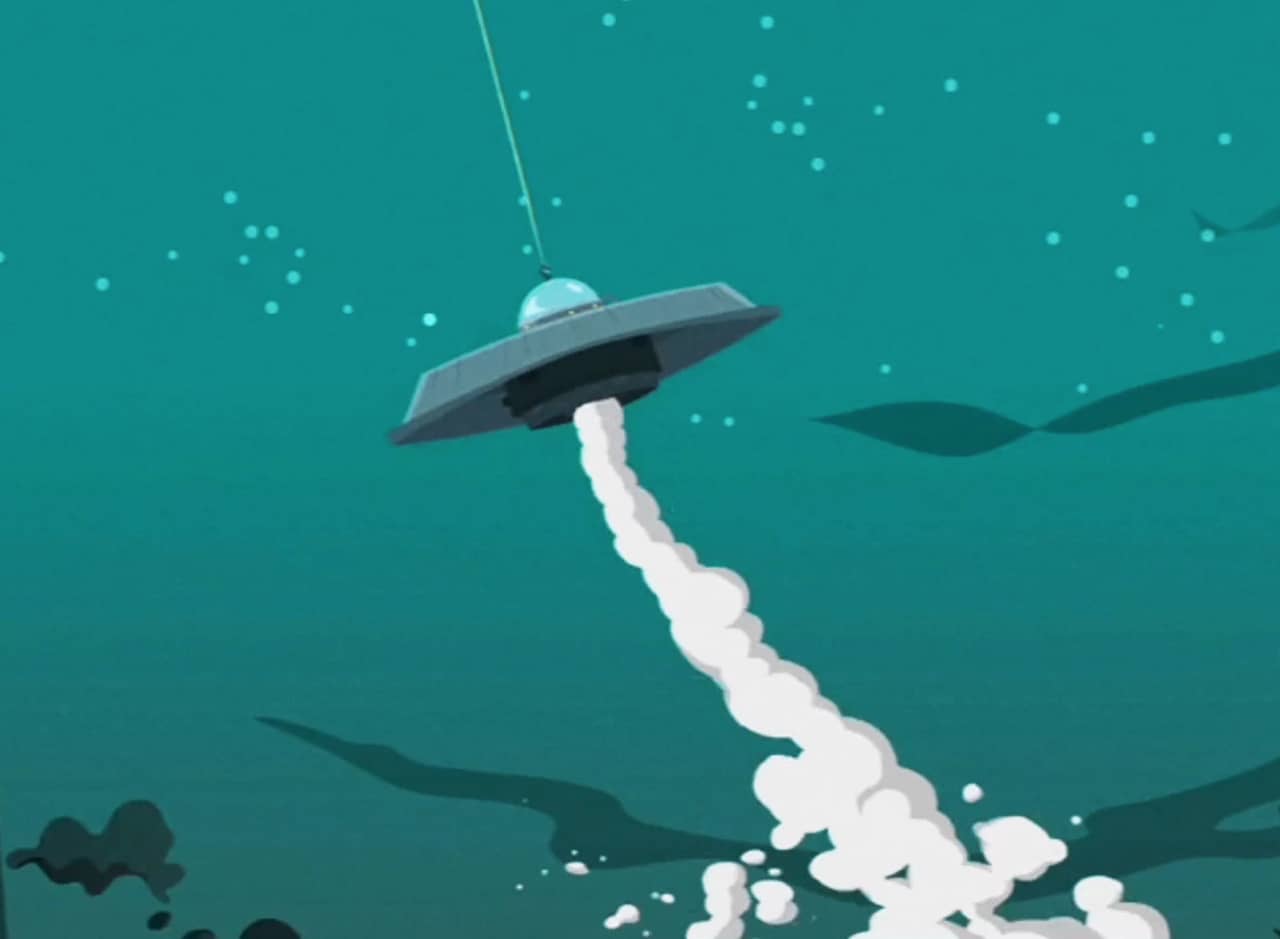UFO with visible string taking off into the sky