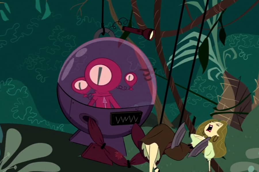 alien with multiple eyes in a clear dome carries an unconscious woman through the trees, you can see visible ropes holding up the alien