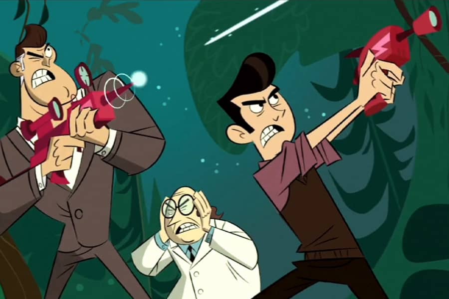 two men shooting ray guns while another man, a scientist, holds his ears