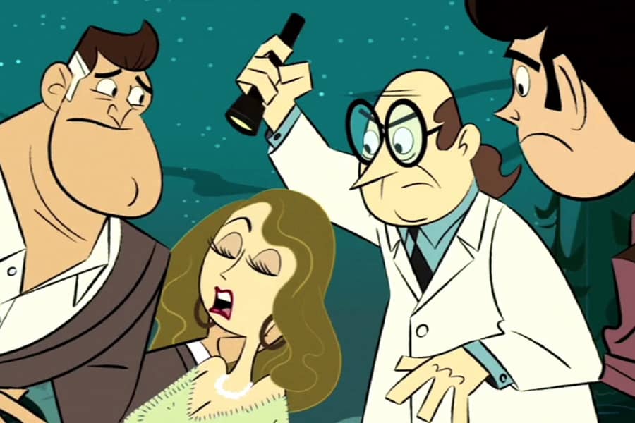 the three men look at the woman, who is on the ground. the scientist holds up a flashlight