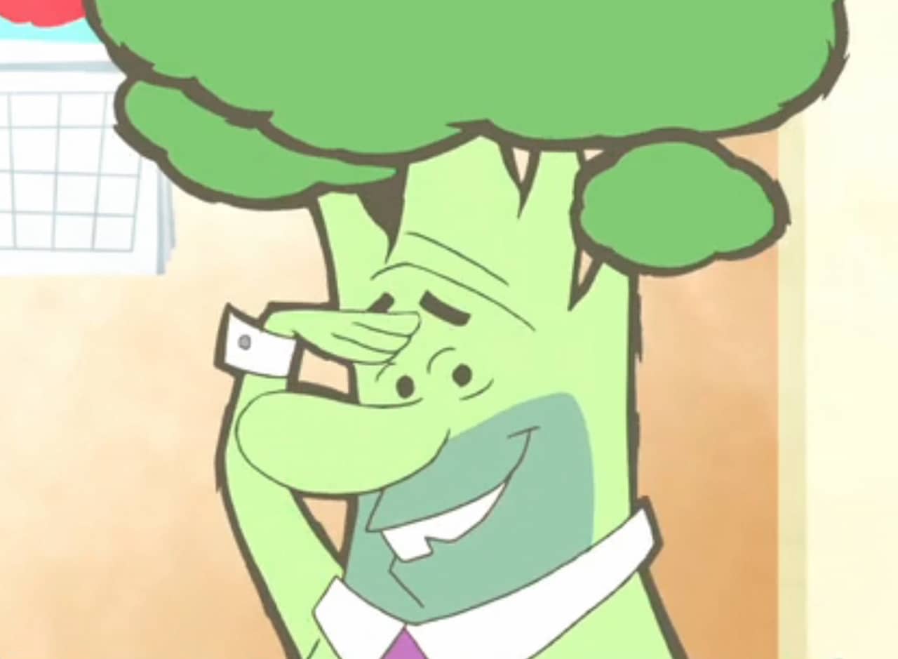 Broccoli Head, a guy who is a piece of broccoli, giving a salute