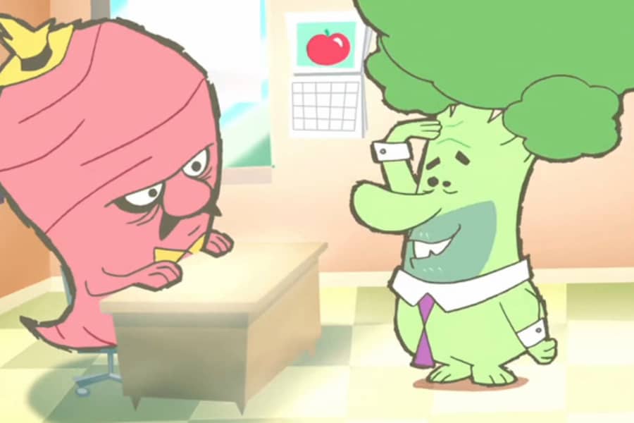 Broccoli Head saluting his boss, Mr. Gabodoglophordia, who is a radish with a mustache