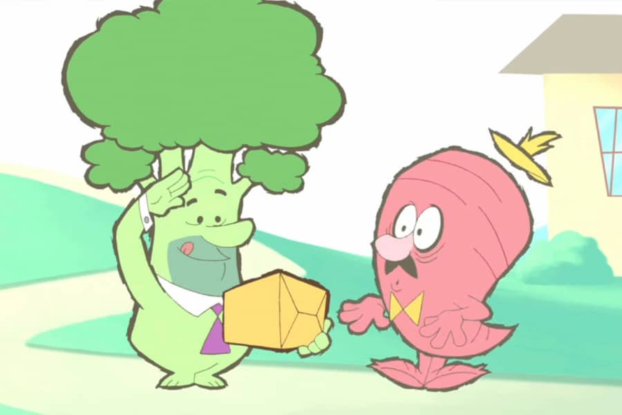 Broccoli Head, outside, saluting his boss who is surprised