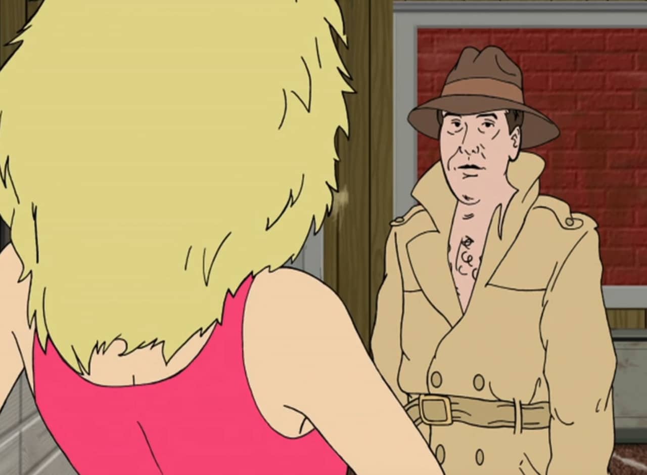 Bruno in a trenchcoat and hat, talking with a blonde woman in a pink top