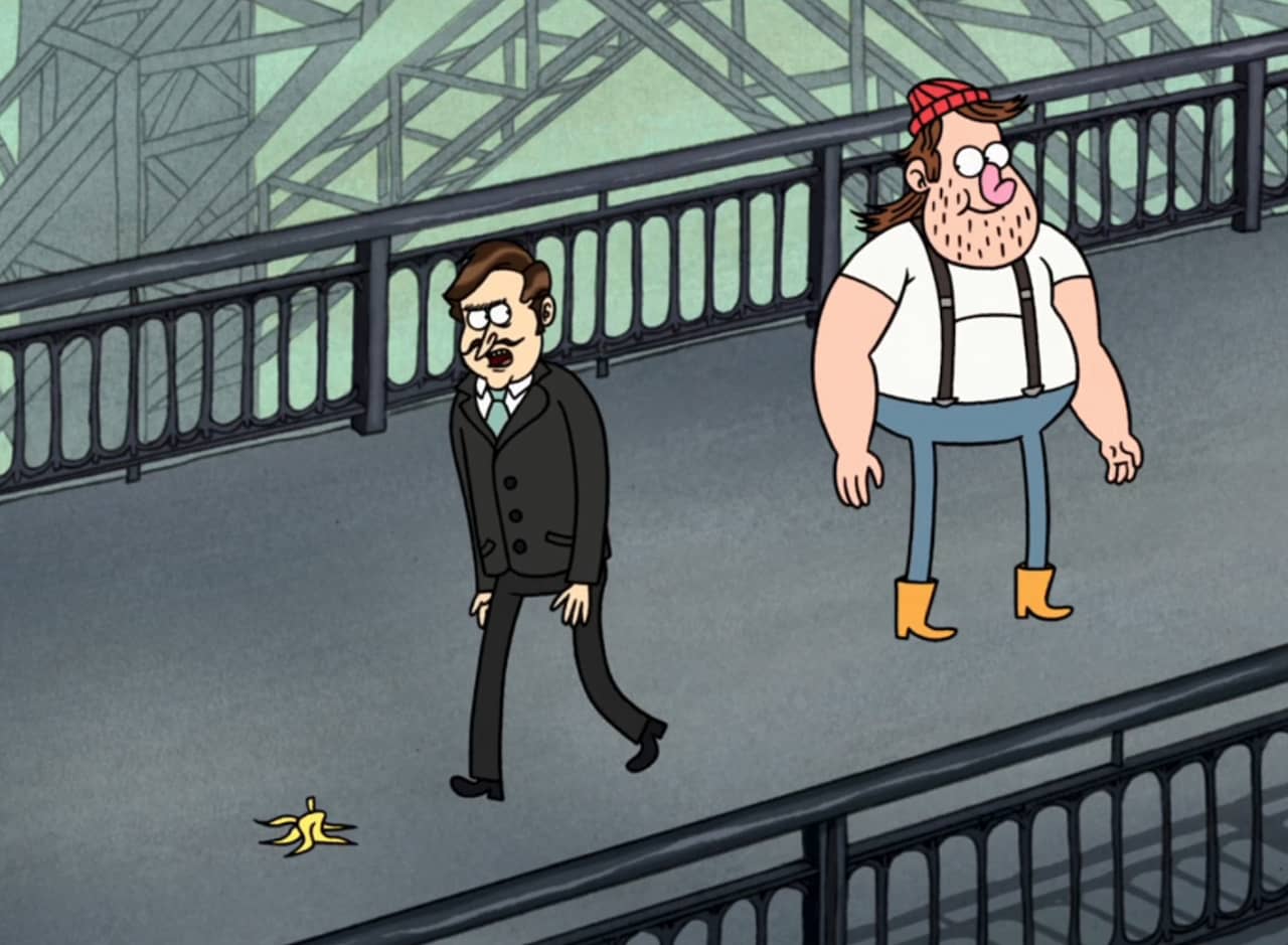 Bucktooth Bob, an American lumberjack type man, looking at a fancy French man walking toward a banana peel on the walkway of the Eiffel Tower
