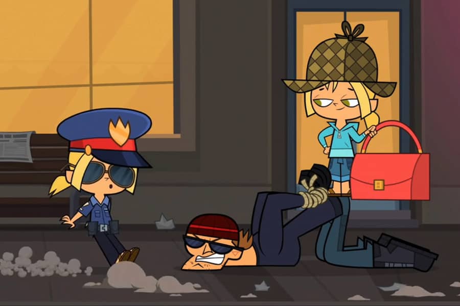 detective Bridgette taking down a thief as cop Bridgette arrives