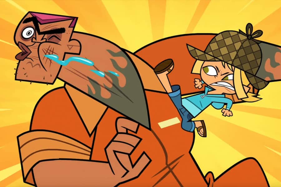 detective Bridgette kicking a criminal in the face