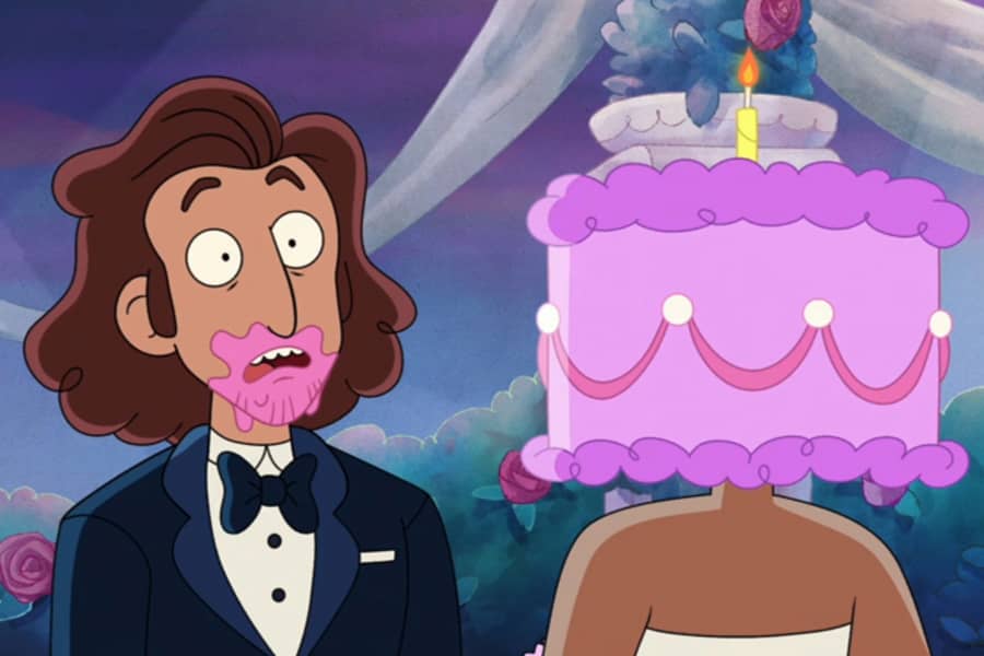 man with cake on his mouth, bewildered that his bride is made of cake