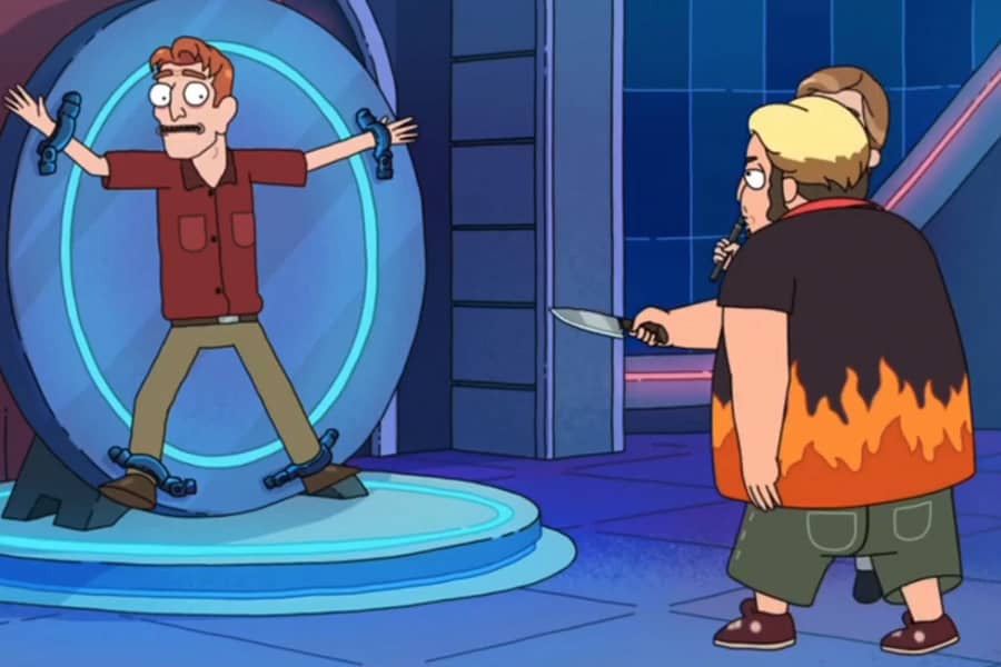 wheel man screams as flame shirt guy approaches him with the knife