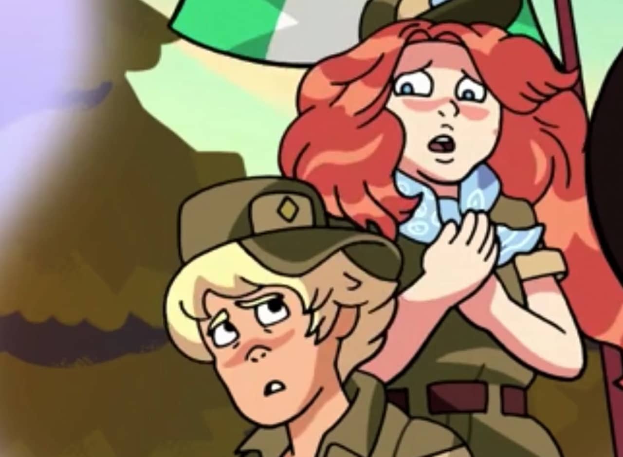 Paulette, a red-haired girl, and Percy, a blonde boy, in camp clothes
