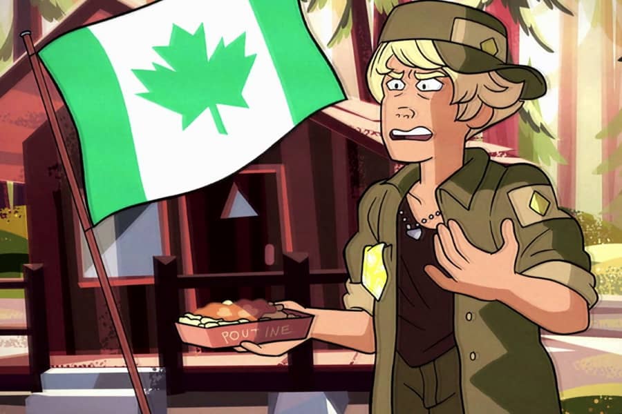 Percy in camp gear holding poutine