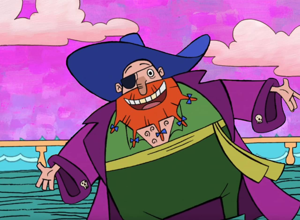 Cap’n Splatter, a pirate with a red beard and big blue hat
