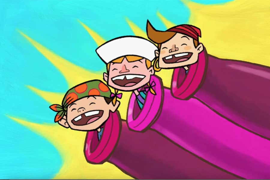 three smiling kids sticking out of cannons