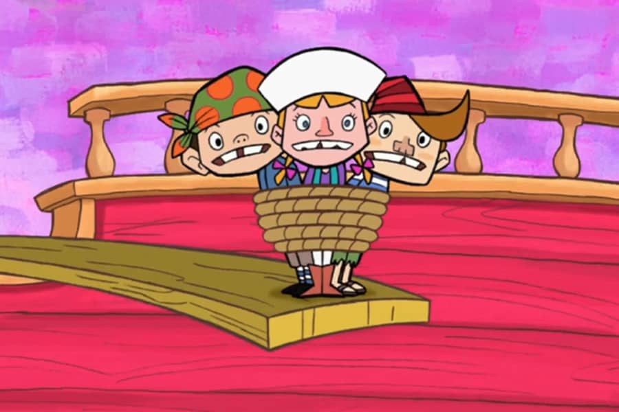 three kids tied up with rope walking the plank