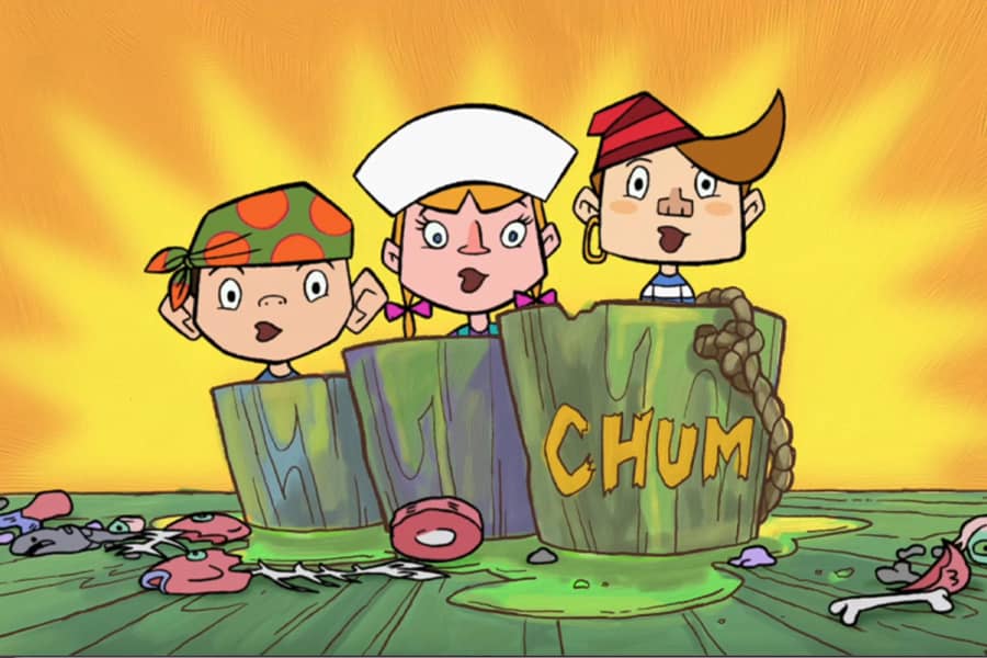three kids sitting in chum buckets