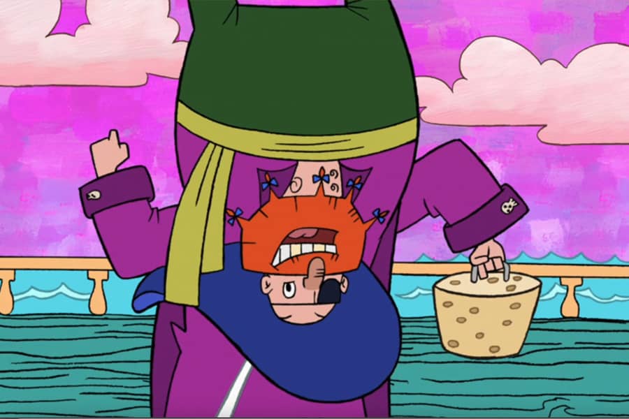 Cap’n Splatter upside down holding a cork plug