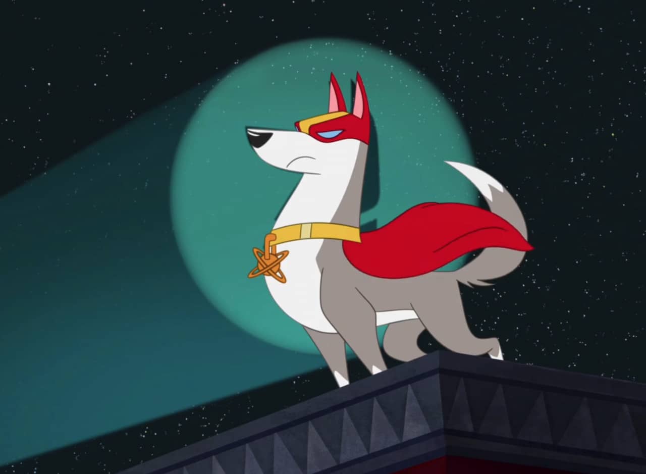 Captain Dog, superhero dog in a spotlight on a rooftop