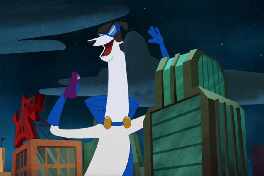 giant villain dog walks amongst skyscrapers