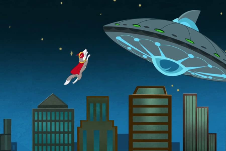 Captain Dog flying into the sky to attack an alien UFO