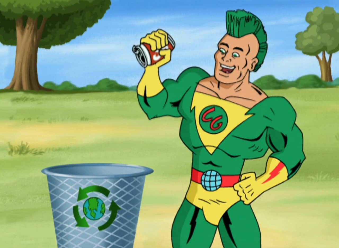 Captain Green, a superhero with a bright green mohawk, putting a soda can in a recycle bin